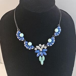 Amrita Singh Blue and Silver With Rhinestones Floral Statement Necklace